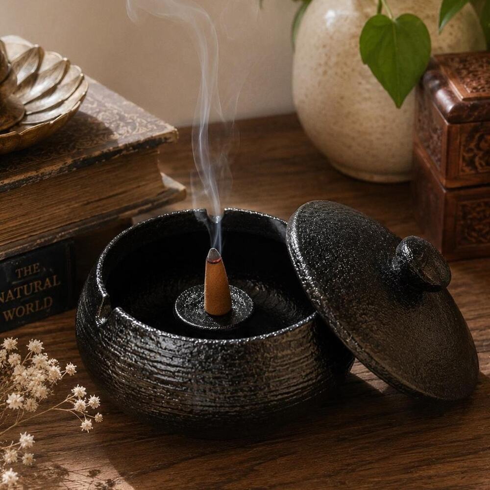 Black Incense Burner Lidded Cone Holder Zen Meditation Decor